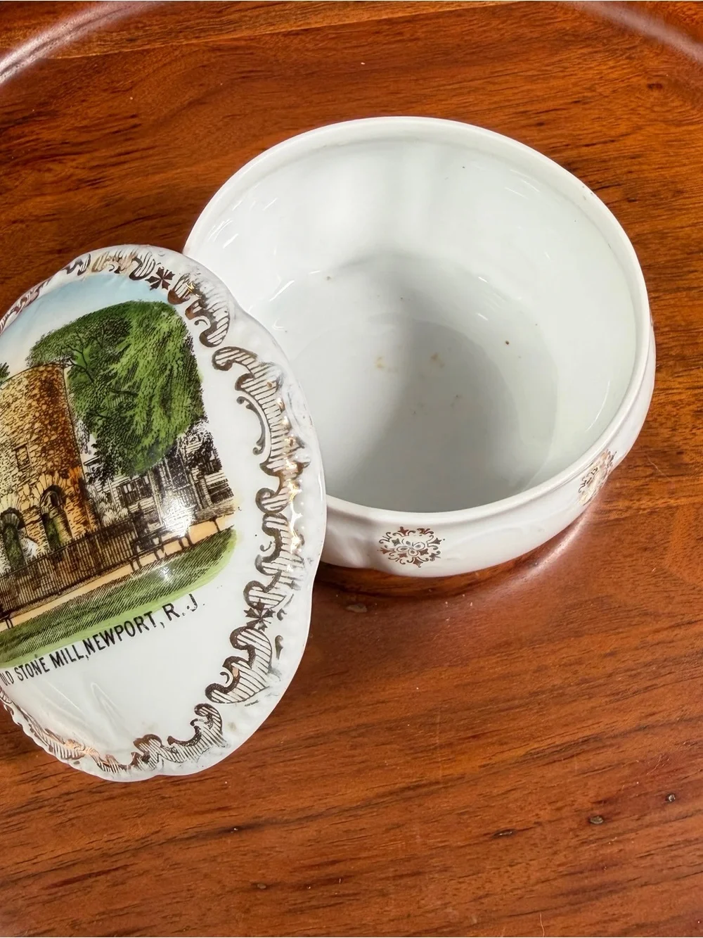 Antique Newport RI Trinket Box- Old Stone Mill Porcelain Souvenir ( 1891-1914)